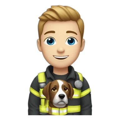 White firefighter with blue eyes and brown hair holding one black Labrador sticker