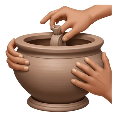 Close-up of two hands working from outside a clay vessel on a silver pottery wheel, both pinching and lifting the clay upward at the same spot to form the vessel wall sticker