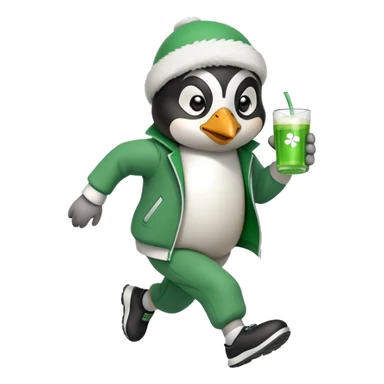 full body friendly anthropomorphised penguin wearing green mafia-style tracksuit, angry, running determined sprint, shamrock accessory, no drink sticker