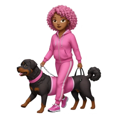 African american curly haired woman in all pink tracksuit walking big Rottweiler dog sticker