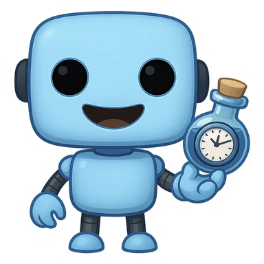 Replace the flower in the robot's hand with a time elixir bottle. Keep the rest of the image the same. The robot is light blue (#b0f2f8) and cute. The style should resemble apple emoji style with a transparent background. sticker