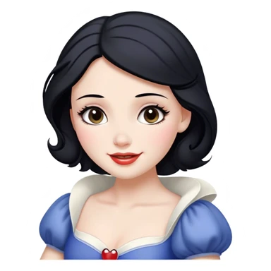 Cinematic Radiant Snow White Portrait Emoji, rendered in a realistic, vector style with clean proportions. Show Snow White with a soft, welcoming smile, delicate porcelain skin, and neatly arranged raven hair, wearing her timeless dress. The image radiates a warm, inviting glow, high shine, and is enhanced by a soft glowing outline that accentuates her gentle beauty. sticker