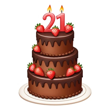 A Multi-tiered birthday cake with the number twenty one 21 on it and the cake is chocolate and straw berries and nice burning candles sticker