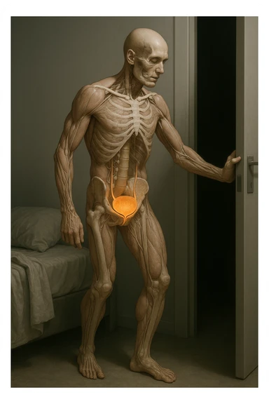 CORPO UMANO ANATOMICO CHE SI SVEGLIA LA NOTTE PER SVUOTARE LA VESCICA, VESCICA ANATOMICA IN EVIDENZA, IPERREALISTICO SFONDO CHIARO NEUTRO sticker