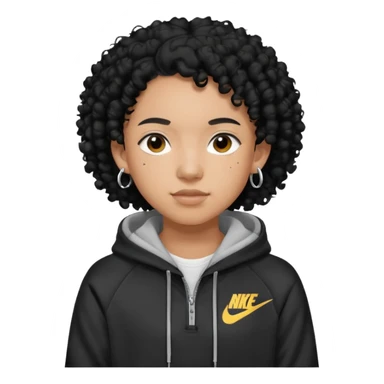 Blasian teenager wearing a nike hoodie with black curly hair and ears pierced sticker