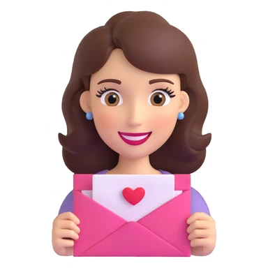 3D emoji of a smiling, feminine face with big eyelashes, no body, colorful and friendly, romantic style, with feminine accessories, motif: love letter, transparent background sticker