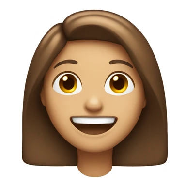 An emoji of a woman with long, straight brown hair and a large mouth, smiling with a friendly expression sticker