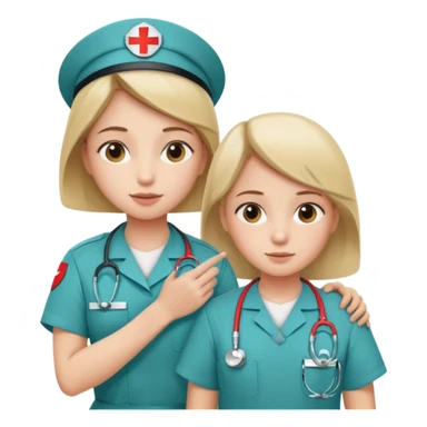 A young medic (woman) attending to a child patient at the local hospital sticker