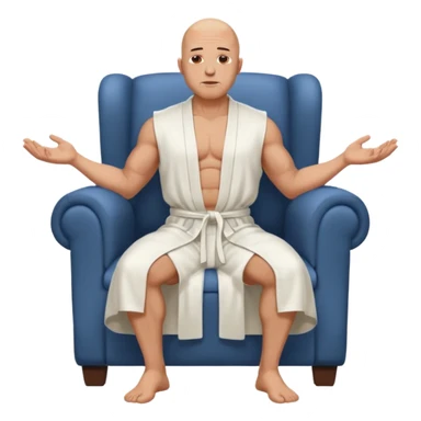 fullbody jacked bald guy, sleeveless and unbuttoned in full white robe sitting without chair and hands down sticker