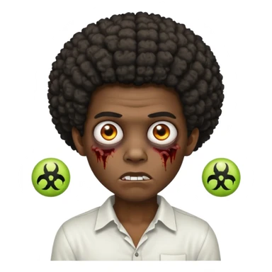 A dark-skinned boy with an afro, zombie eyes, and ears, wearing a white shirt. sticker