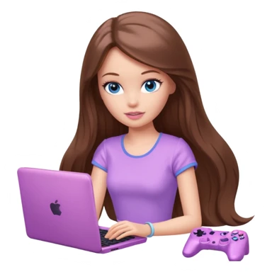 beautiful barbie girl with long brown hair, blue eyes and wearing light purple clothes playing pc games sticker