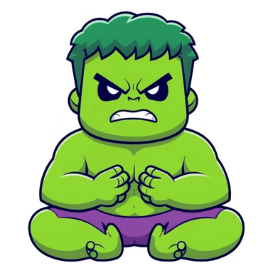 Hulk calming down, green superhero transitioning from angry to peaceful, breathing deeply, meditation pose, relaxing expression sticker