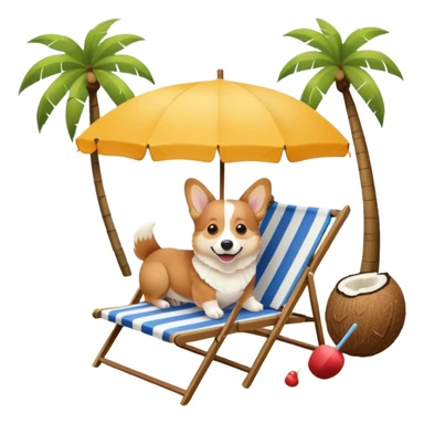 a corgi dog laied on a beach chair, a sunny beach, a sun umbrella, and beach coconut trees. the icon should capture the essence of a relaxing beach vacation with a carefree atmosphere sticker