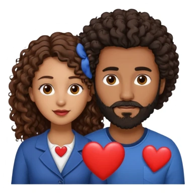 pareja de Mujer morena rizada cabello largo castaño ojos oscuros y hombre blanco con cabello negro corto con barba y ojos marron alrededor de la pareja corazones sticker