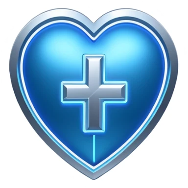 Futuristic premium medical AI logo emoji, sleek metallic heart or shield, ECG line forming stylized letters AI, neon blue and silver, 3D effect, glowing edges, minimal but bold, tech-savvy, high-tech healthcare branding, instantly recognizable, viral-ready, vector flat style with subtle shadows sticker