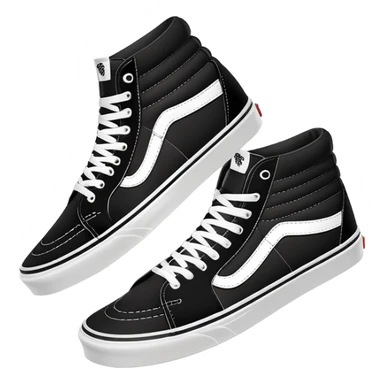 Clean minimalist iOS emoji style pair of black Vans Sk8-Hi high tops with one behind the other, simple forms, flat design, essential white stripe detail sticker