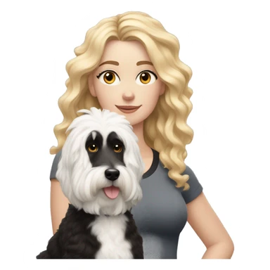 white woman with long blonde hair and cat shaped eyes wearing a yoga outfit standing alongside a black and white colored bernadoodle dog sticker