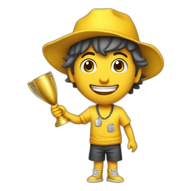 niño con gorro amarillo y con un trofeo amarillo sonriente se le ve los dientes sticker