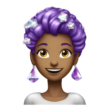 one girl with purple diamond hair made from purple crystals or diamonds or jewels, she is feeling happy and elated and excited, make her hair shiny with prisms and angles and edges, now make her hair crystallized sticker