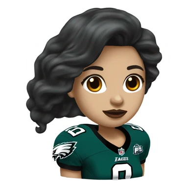 White female long dark hair red lips wearing Philadelphia Eagles jersey sticker
