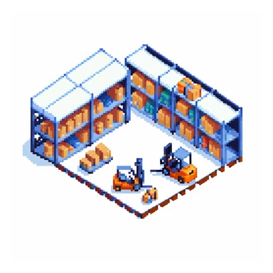 Single story warehouse in isometric perspective with forklift and storage racks sticker