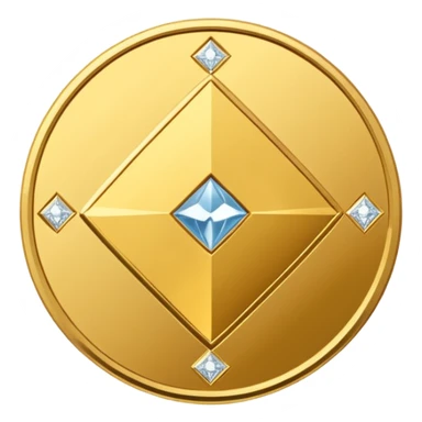 Create a high-quality 3D render of a shiny yellow/gold coin. In the center of the coin, place a diamond-shaped logo (“wajik”). Around the logo, engrave the text “Rusoconnect Network” in a circular layout. sticker