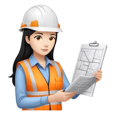 Female civil engineer with long black hair and white helmet wearing white shirt and an orange safety vest looking at drawing plan on her hand  sticker