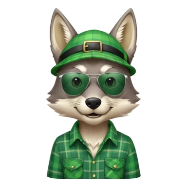 head and shoulders friendly anthropomorphised wolf in green plaid shirt and green attire for St. Patrick's Day, wearing dark sunglasses, upright pose sticker