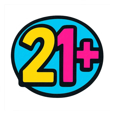 bold icon with the text '21+' in vibrant and eye-catching pop colors style sticker