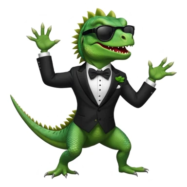 capitalist iguana banker in tuxedo and black sunglasses dancing crazy sticker