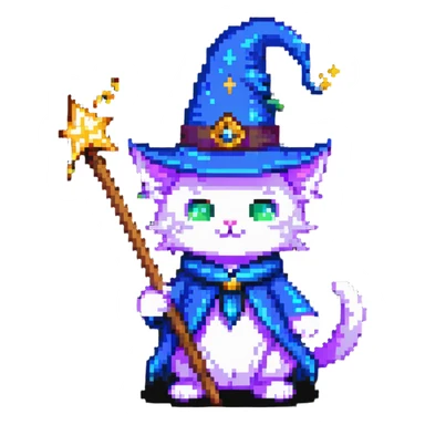 wizard cat with a pointy hat and magic wand sticker