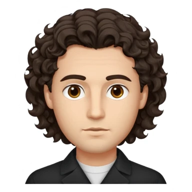 He’s a man with light to medium skin, a defined oval face, full brows, deep-set eyes, and wavy to curly dark brown hair styled with height, sides are trimmed. expression calm and focused relaxed black open-collar .polished, articulate, and trainer vibe. sticker