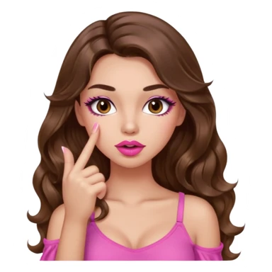 girl with long wavy brown hair, brown eyes, light to medium complexion, in a pink sexy top, pink lips, long lashes, shushing with one finger on the lips sticker