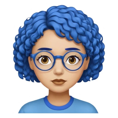 laydy with short, curly blue hair, matching blue eyebrows, light brown skin, round black glasses, and a neutral facial expression. sticker