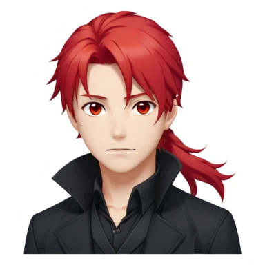 Handsome gorgeous anime man with bright-red hair, thick long ponytail, red eyes, white shirt, black jacket, stone face, Diluc, Genshin Impact sticker