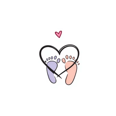Simple, tasteful maternal symbol with a heart and tiny baby footprints. Hand-drawn doodle style using pastel colors (pink, light blue, lavender, peach). Gentle design representing motherhood and pregnancy. Sweet illustration with soft, nurturing elements. sticker