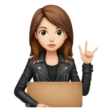 A fair skin rocker chick with long brown hair holding a large blank sign sticker