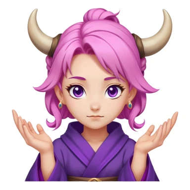 A female mage with peach-colored hair styled in two ox horn-shaped buns, purple eyes, fair skin, and a tsundere expression, wearing a form-fitting purple magical robe.  
 sticker