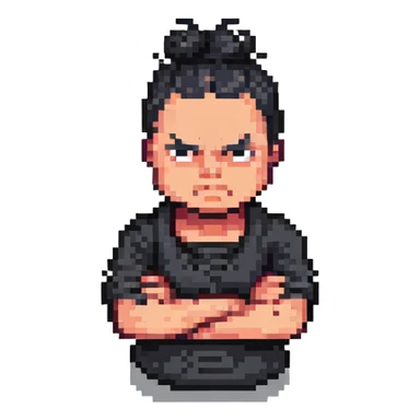 man with black bun, angry expression, arms crossed, dressed all in black, pixel art 32bit style sticker
