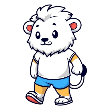 retro 1930s anthropomorphised lion in a t-shirt and shorts walking, grayscale sticker