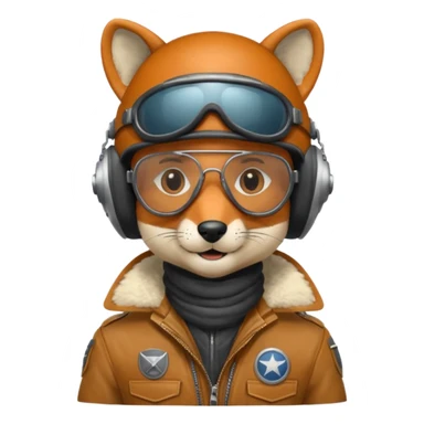 renard aviateur, casque en cuir, écharpe blanche, lunettes "climax" sur le casque au dessus des yeux, blouson aviateur sticker