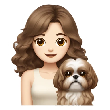 long brown wavy hair korean girl with cream and brown colored shih tzu sticker