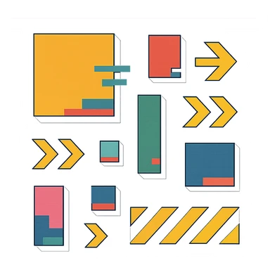 a graphic design wallpaper with various sizes of brightly colored glitchy rectangles, various repeating stylized arrows, and caution bars stripes - neobrutalist glitchpunk linear, TIDY angles, SPARSE MINIMALISM sticker