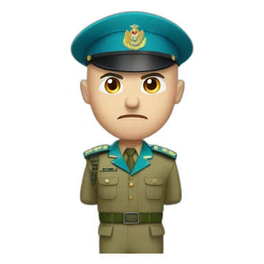 Bald white extremely angry furious serious military man with khaki israel defense forces uniform and cyan beret sticker