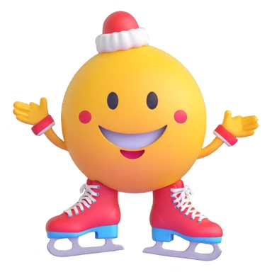 3D smiley emoji, round shape, wearing ice skates, sporty face sticker