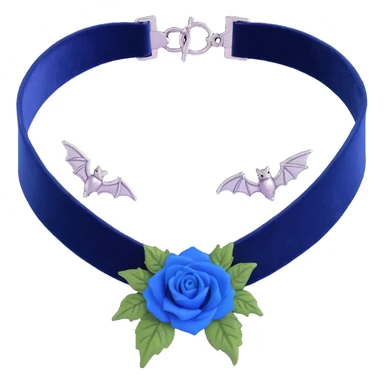 gothic choker with navy blue velvet band, silver bat charm, blue rose centerpiece, dark and gothic sticker