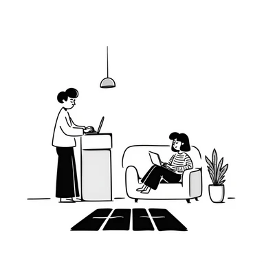 escenary 3d of a cozy mid-century living room with two people working on laptops, one man standing at a desk and one woman sitting on a couch, two walls and floor visible sticker