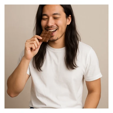 long haired Asian man eating chocolate, wearing a white T-shirt and jeans, neutral background sticker