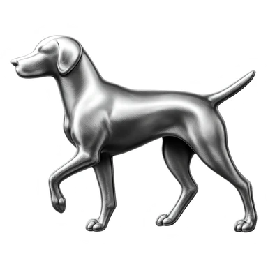               Apply a high-end, photorealistic metallic chrome material to the provided {subject}. The material should have a smooth, slightly curved surface with subtle reflections and soft shadows, resembling brushed or polished silver metal. Preserve the exact shape, proportions, and design of the original object. Set it against a solid black background (#000000) in 8K resolution. The lighting should enhance the beveled edges and reflective highlights, creating a sleek, premium finish. {subject} = dog pointing left sticker