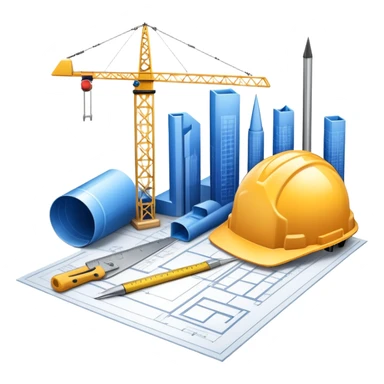 An icon featuring a blueprint, a hard hat, and construction tools, symbolizing architecture and construction. The design includes a ruler, building materials, and a skyscraper, representing the design and building process. Transparent background highlights the art and science of creating structures. sticker